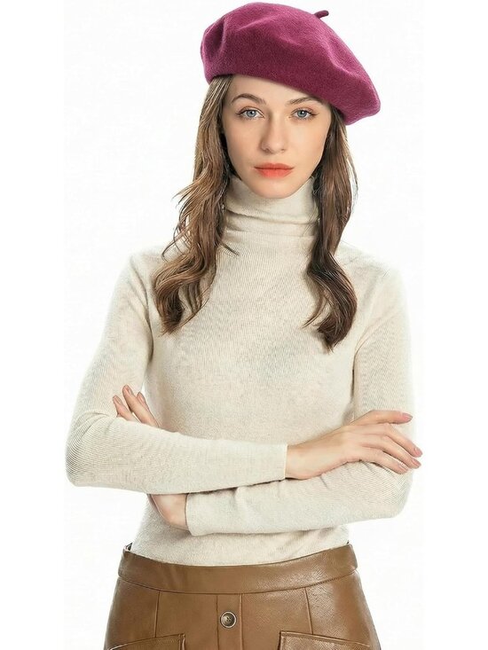 Women\'s Wool French Beret Hat Comfortable Solid Color Soft Beret Cap Mauve